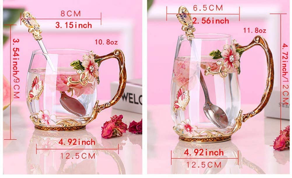 Luka Tech Enamel flower Lead-free Glass Coffee Mugs Tea Cup with Steel Spoon, Best Birthday Gifts For Women Wife Mom Friends Mothers Valentines Day Christmas (Purple-Tall)
