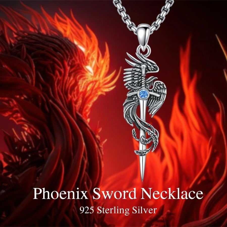 PELOVNY Phoenix Necklace 925 Sterling Silver Shield/Sword/Crystal/Tarot Card/Dog Tag/Cross/Abalone/Axe Pendant Rising Bird Jewelry for Anniversary Birthday Christmas Gifts Men Women