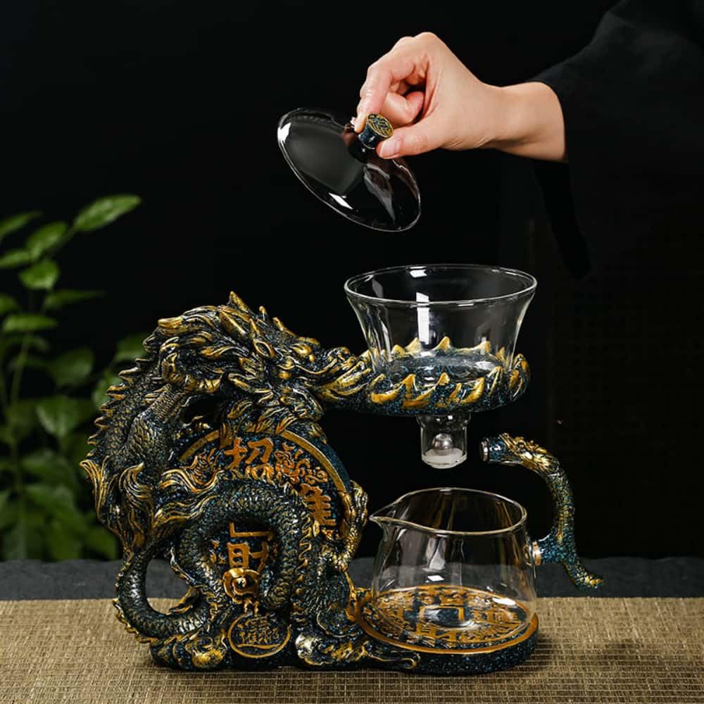 Glass Teapot Set with Infuser Semi Automatic Dragon Tea Set with 6 Small Cups (red golden dragon-b)