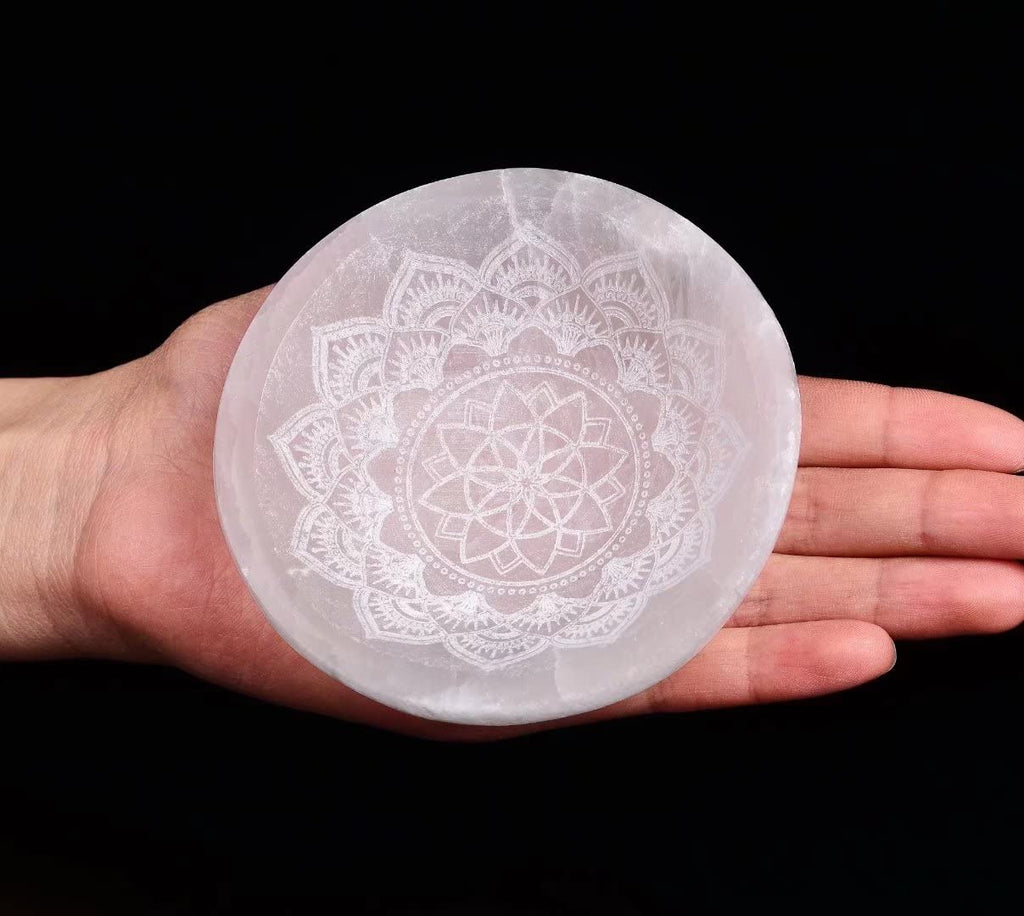 AMOYSTONE Natural Selenite Charging Bowl with Mandala Engraving 3.5-4'' Energy Cleansing Crystal Plate for Healing Meditation and Spiritual Home Decor