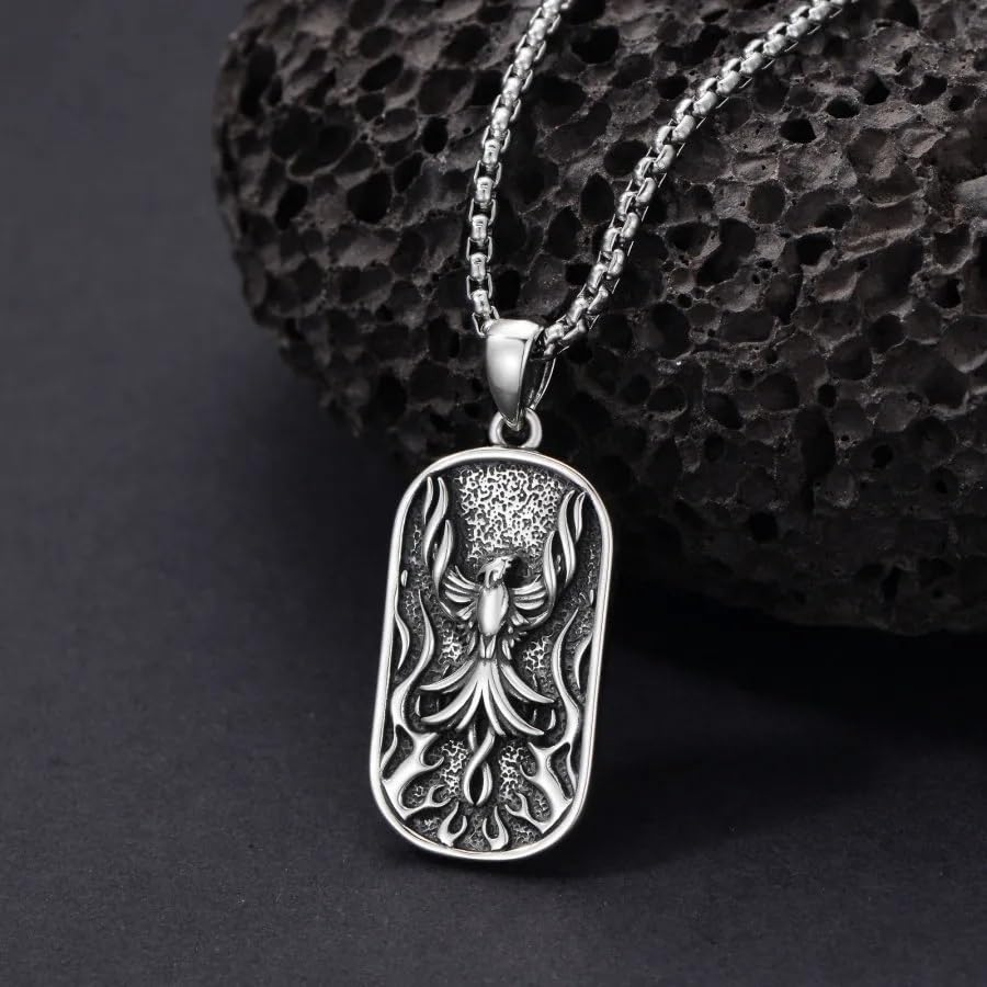 PELOVNY Phoenix Necklace 925 Sterling Silver Shield/Sword/Crystal/Tarot Card/Dog Tag/Cross/Abalone/Axe Pendant Rising Bird Jewelry for Anniversary Birthday Christmas Gifts Men Women