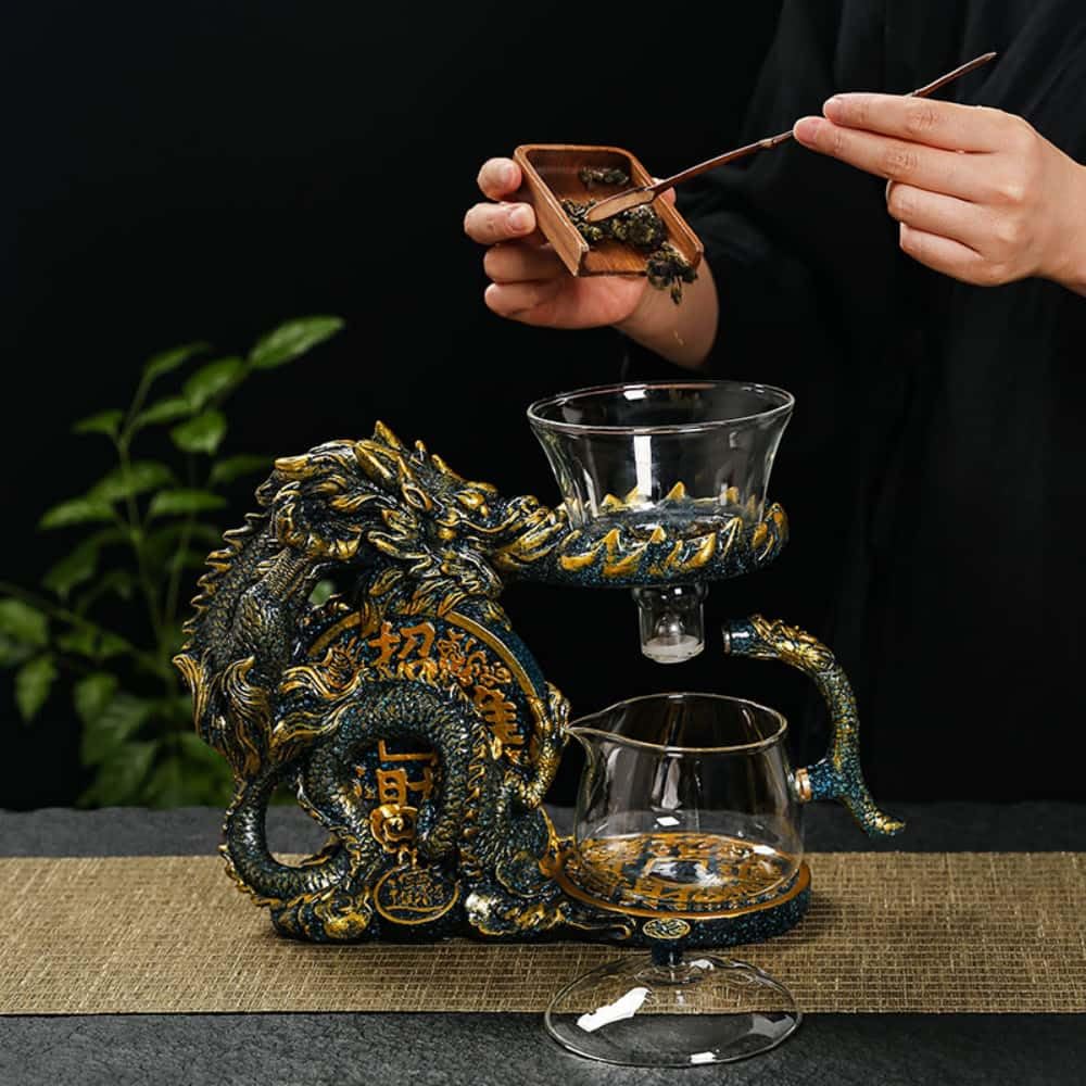 Glass Teapot Set with Infuser Semi Automatic Dragon Tea Set with 6 Small Cups (red golden dragon-b)