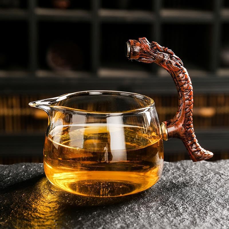 Glass Teapot Set with Infuser Semi Automatic Dragon Tea Set with 6 Small Cups (red golden dragon-b)