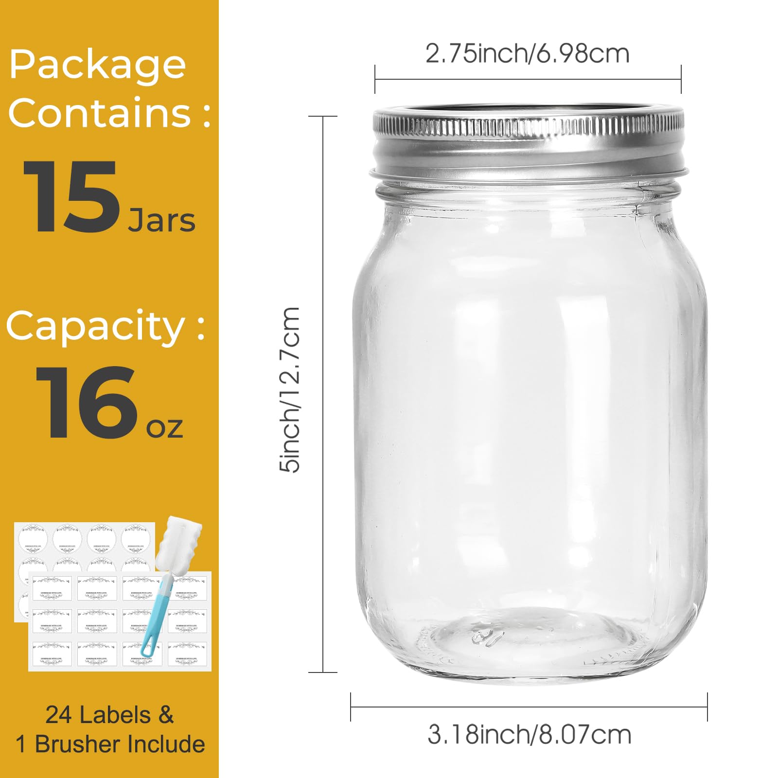 CycleMore 20 Pcs 12oz Glass Mason Jars With Silver Separable Lids, 350ml Round Canning Jars for Honey, Jam, Herb, Wedding Favor, Kitchen Storage Wide Mouth Bottles for Crafts, Meal Prep