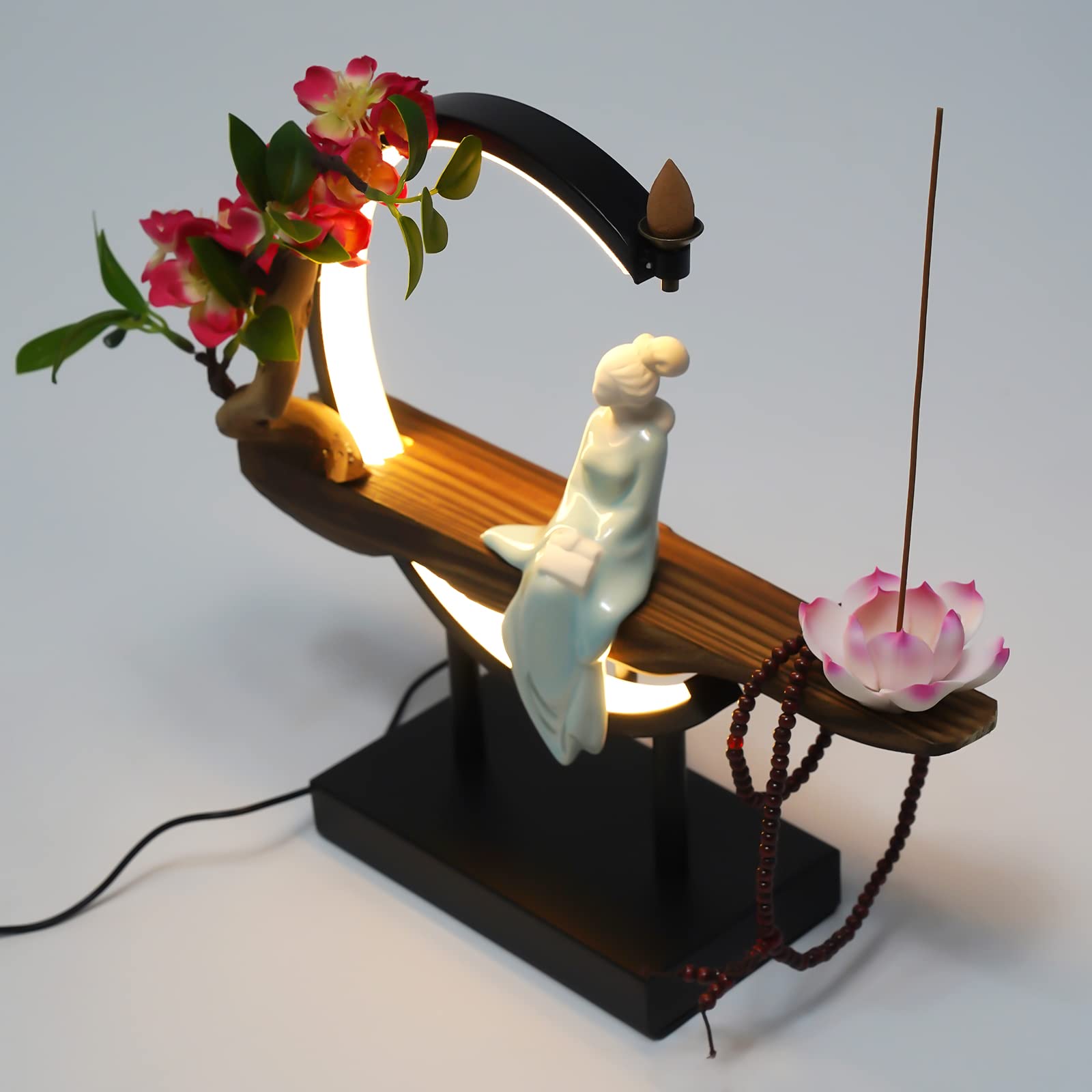 Backflow Incense Holder, Ceramic Incense Burner with Adjustable LED Light, Chinese Style Ornament Incense Holders with Backflow for Relaxing and Home Decor