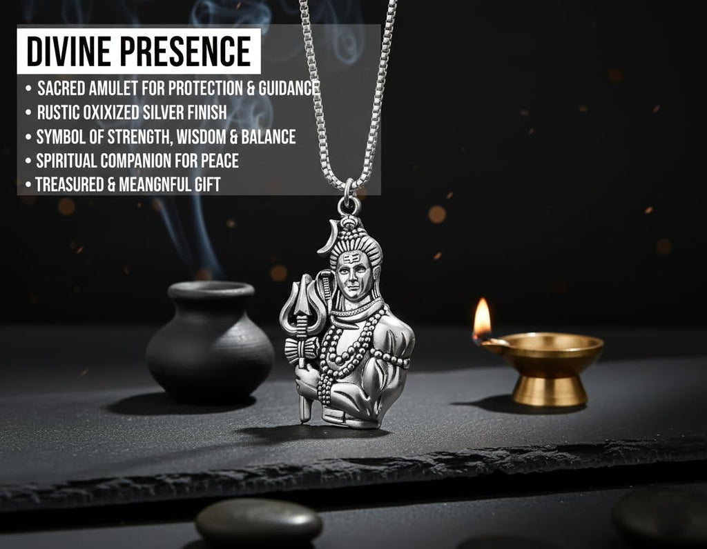 Stainless Steel Shiva's Trishul Damaru Pendant with Chain for Men, Anti-Tarnish Mahadev Mahakal Bholenath Necklace for Men & Women - Oxidized Silver Finish
