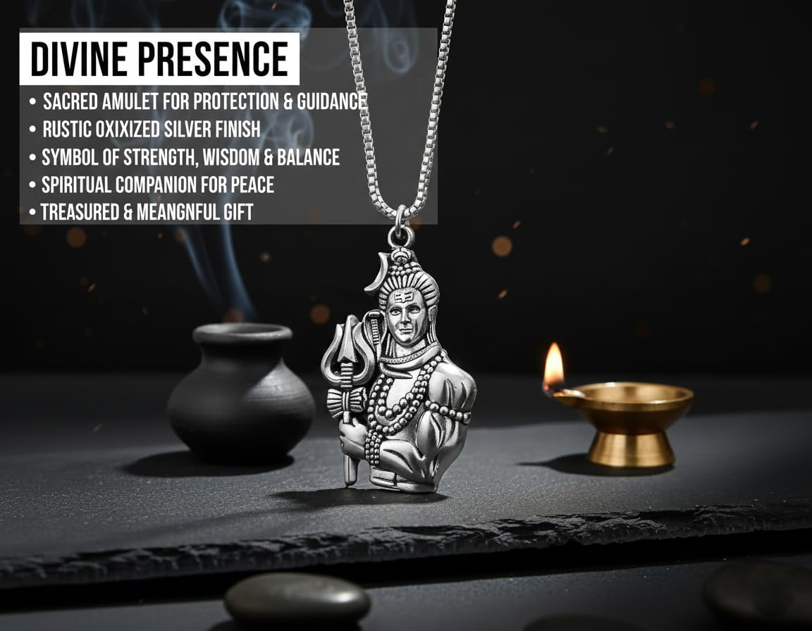 Stainless Steel Shiva's Trishul Damaru Pendant with Chain for Men, Anti-Tarnish Mahadev Mahakal Bholenath Necklace for Men & Women - Oxidized Silver Finish