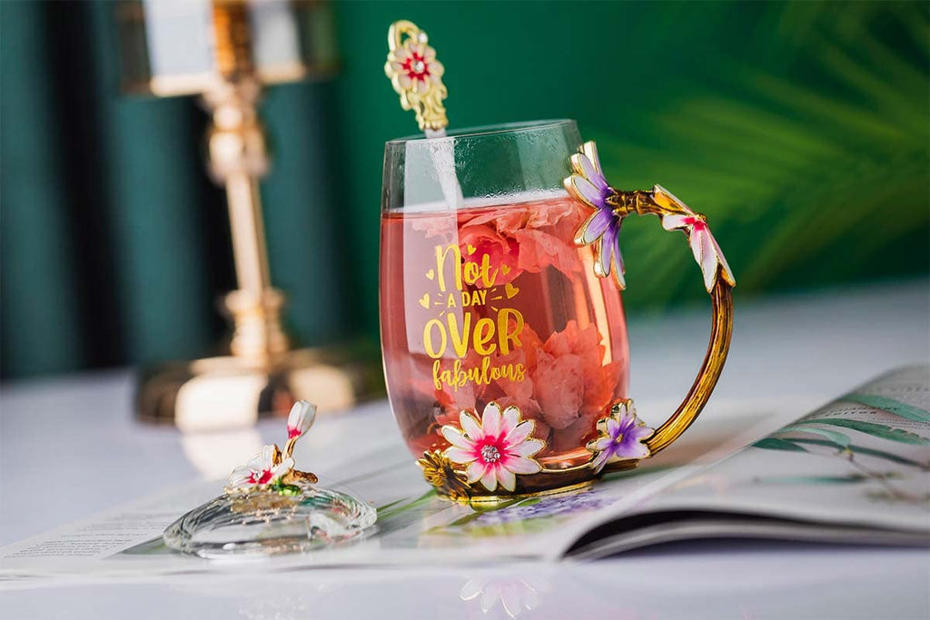 Luka Tech Enamel flower Lead-free Glass Coffee Mugs Tea Cup with Steel Spoon, Best Birthday Gifts For Women Wife Mom Friends Mothers Valentines Day Christmas (Purple-Tall)