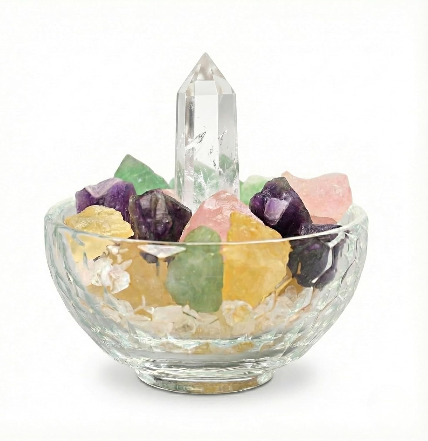 Crystal Decor Bowl Set – 4" Glass Cleansing Bowl with Real Healing Crystals: Clear Quartz Tower, Amethyst, Rose Quartz, Citrine & Fluorite – Meditation Decor & Spiritual Gift Box