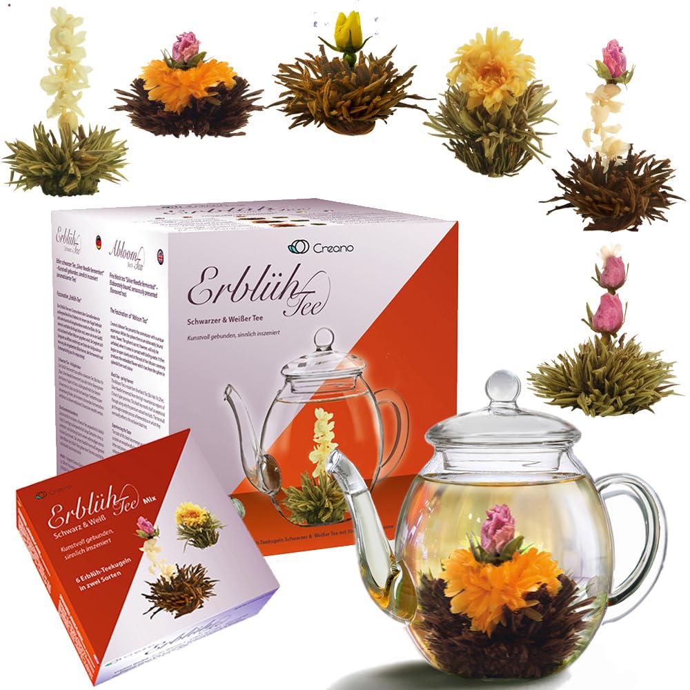 Creano Blooming Tea Gift Set with Glass Teapot 17oz (500ml) - Green Tea Fruity Flavoured Tea Flowers in 6 Varieties - Flowering Tea Gift for Easter