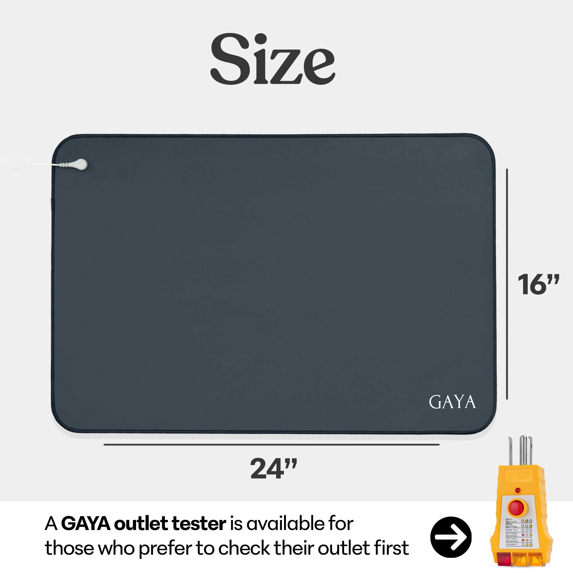 GAYA Grounding Mat for Feet, Sleep Improvement, Back Pain Relief, Muscle Relaxation & Stress, Including 15ft Cord, 100K Ohm Resistor | Conductive Carbon | Earthing Pads for Bed Couch, Desk (24''X16'')