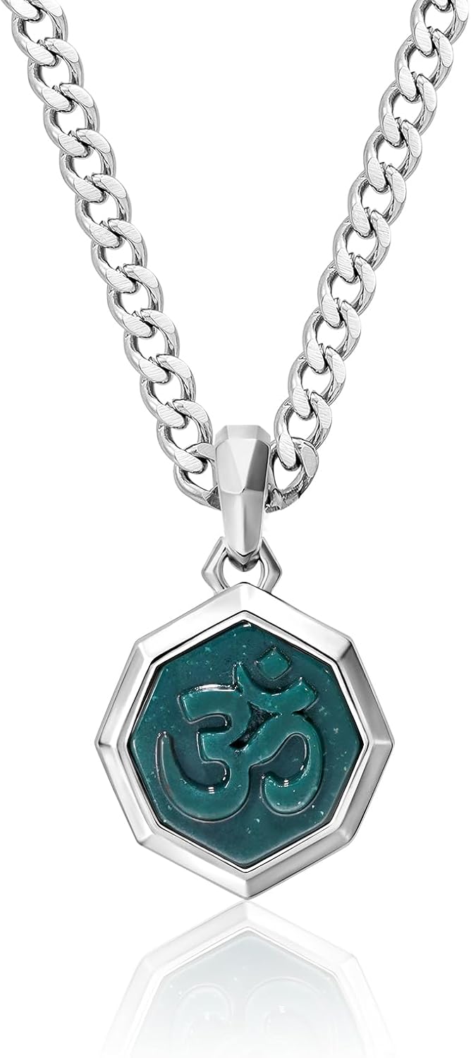 AWNL Bloodstone Pendant Necklace for Men Natural Gemstone Premium Men’s Sterling Silver Hexagonal Necklace with Stainless Steel Chain 24 Inch
