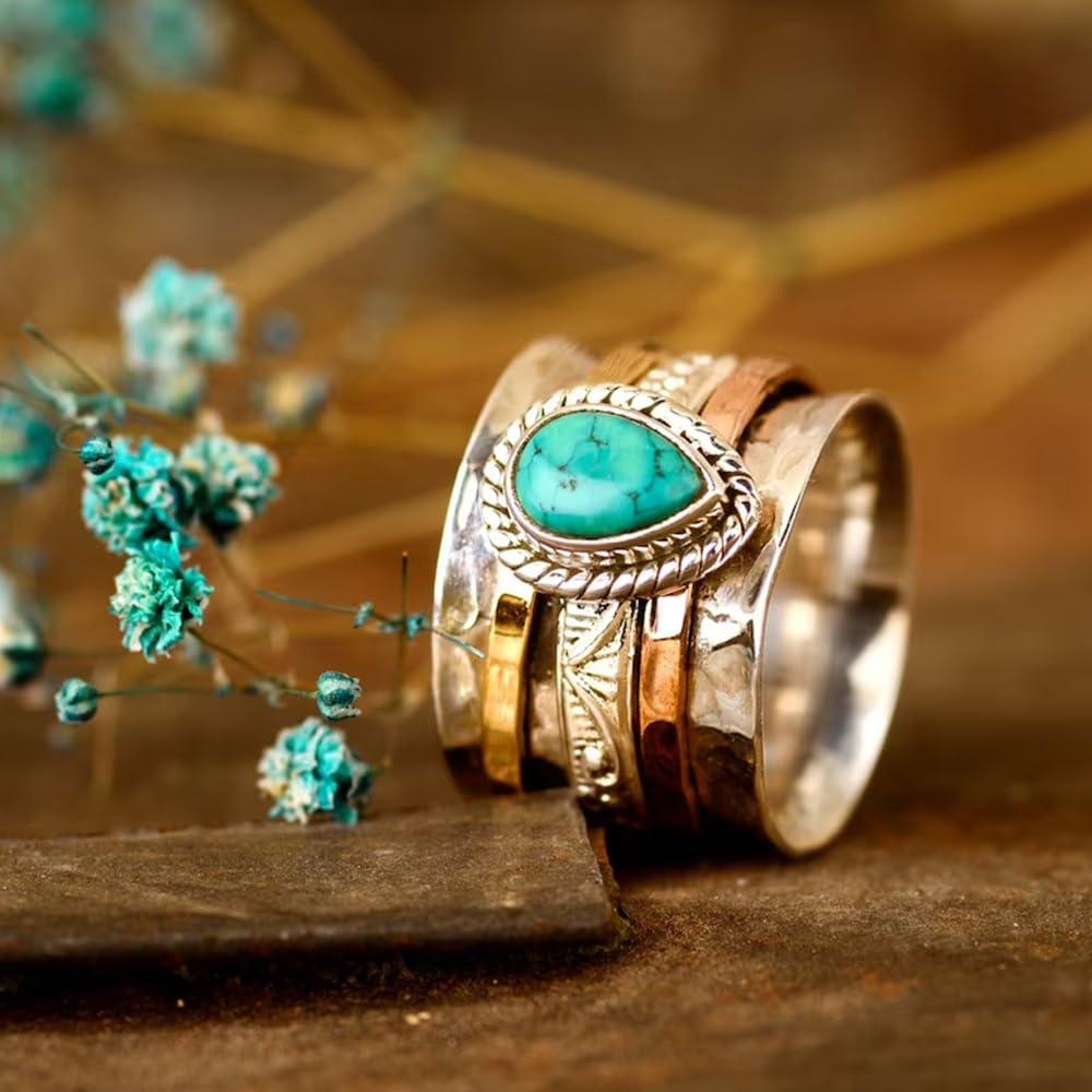 LadayPoa Western Turquoise Ring for Women. Retro 925 Silver Vintage Jewelry. Blue Oval Stone Statement Rings Boho Fashion-Inspired Ring for Classic