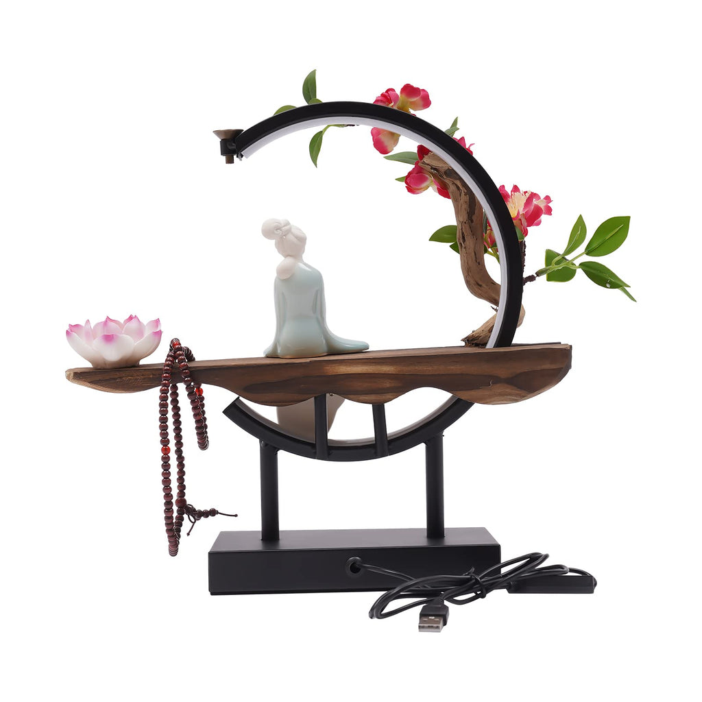 Backflow Incense Holder, Ceramic Incense Burner with Adjustable LED Light, Chinese Style Ornament Incense Holders with Backflow for Relaxing and Home Decor