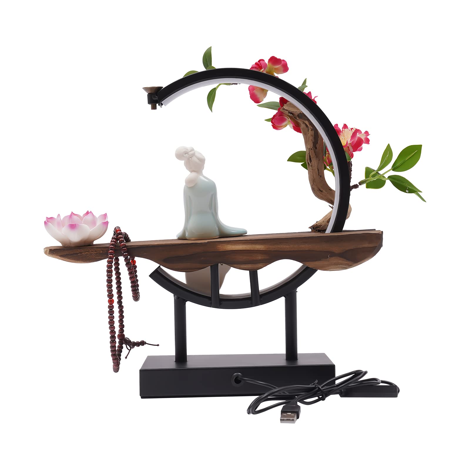 Backflow Incense Holder, Ceramic Incense Burner with Adjustable LED Light, Chinese Style Ornament Incense Holders with Backflow for Relaxing and Home Decor