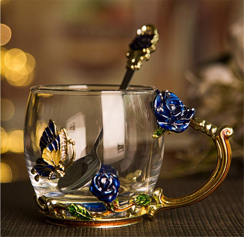 Luka Tech Enamel flower Lead-free Glass Coffee Mugs Tea Cup with Steel Spoon, Best Birthday Gifts For Women Wife Mom Friends Mothers Valentines Day Christmas (Purple-Tall)