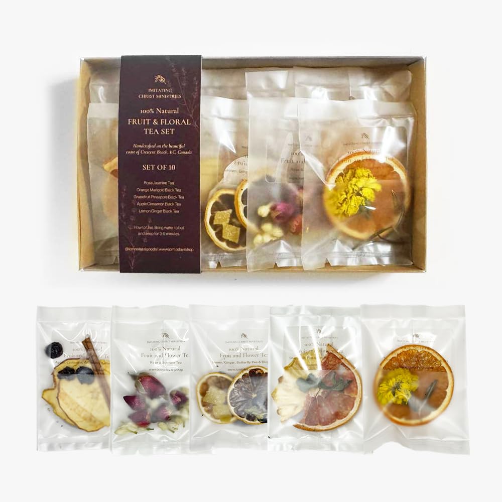Gourmet Fruit & Floral Tea Set of 10 | Handcrafted, Additive-Free, Assorted Tea Gift Set | Sampler 5 Flavors of Naturally Dried Orange, Grapefruit, Lemon, Apple, Rose Jasmine | 10 Tea Bags | Premium Tea Gift Set