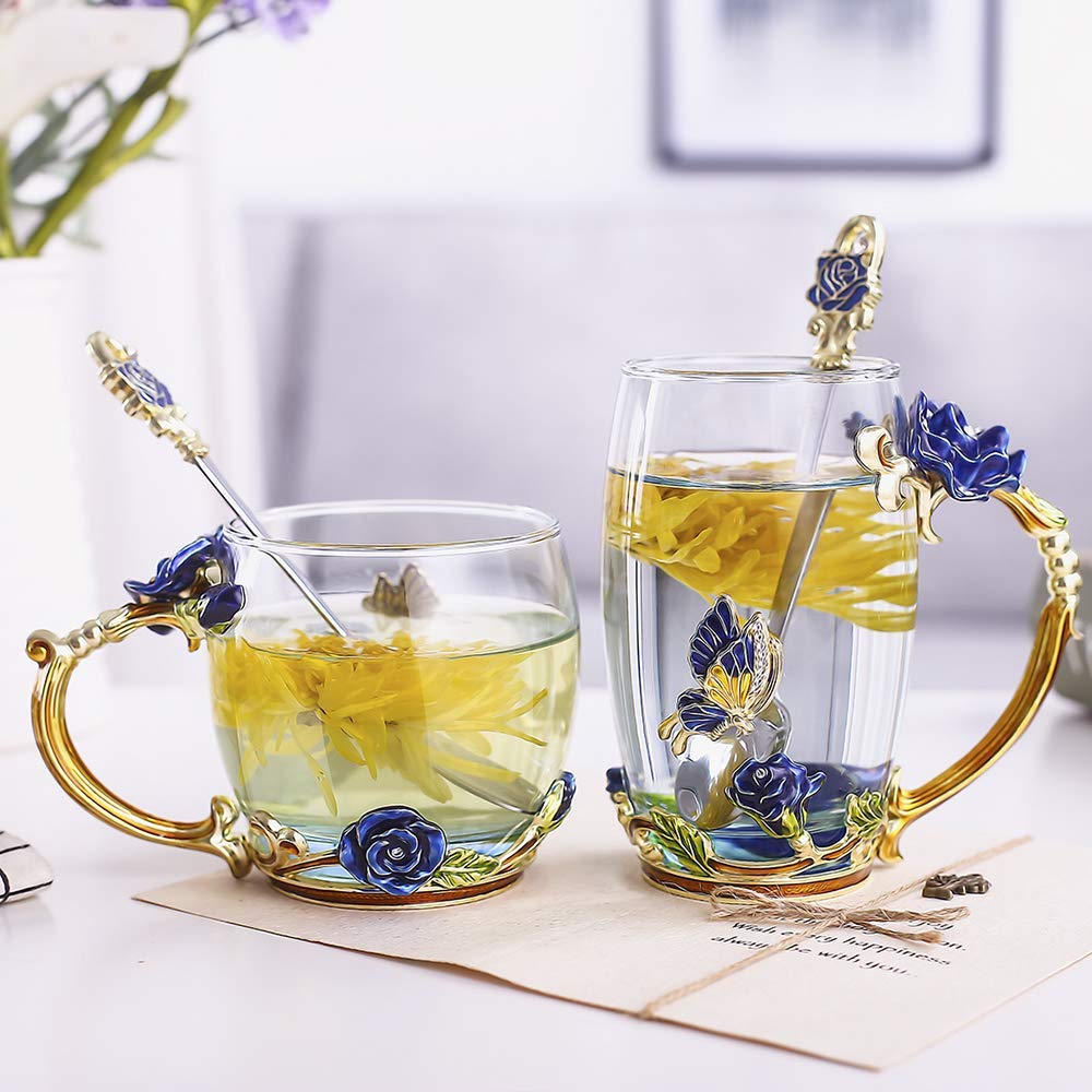 Luka Tech Enamel flower Lead-free Glass Coffee Mugs Tea Cup with Steel Spoon, Best Birthday Gifts For Women Wife Mom Friends Mothers Valentines Day Christmas (Purple-Tall)