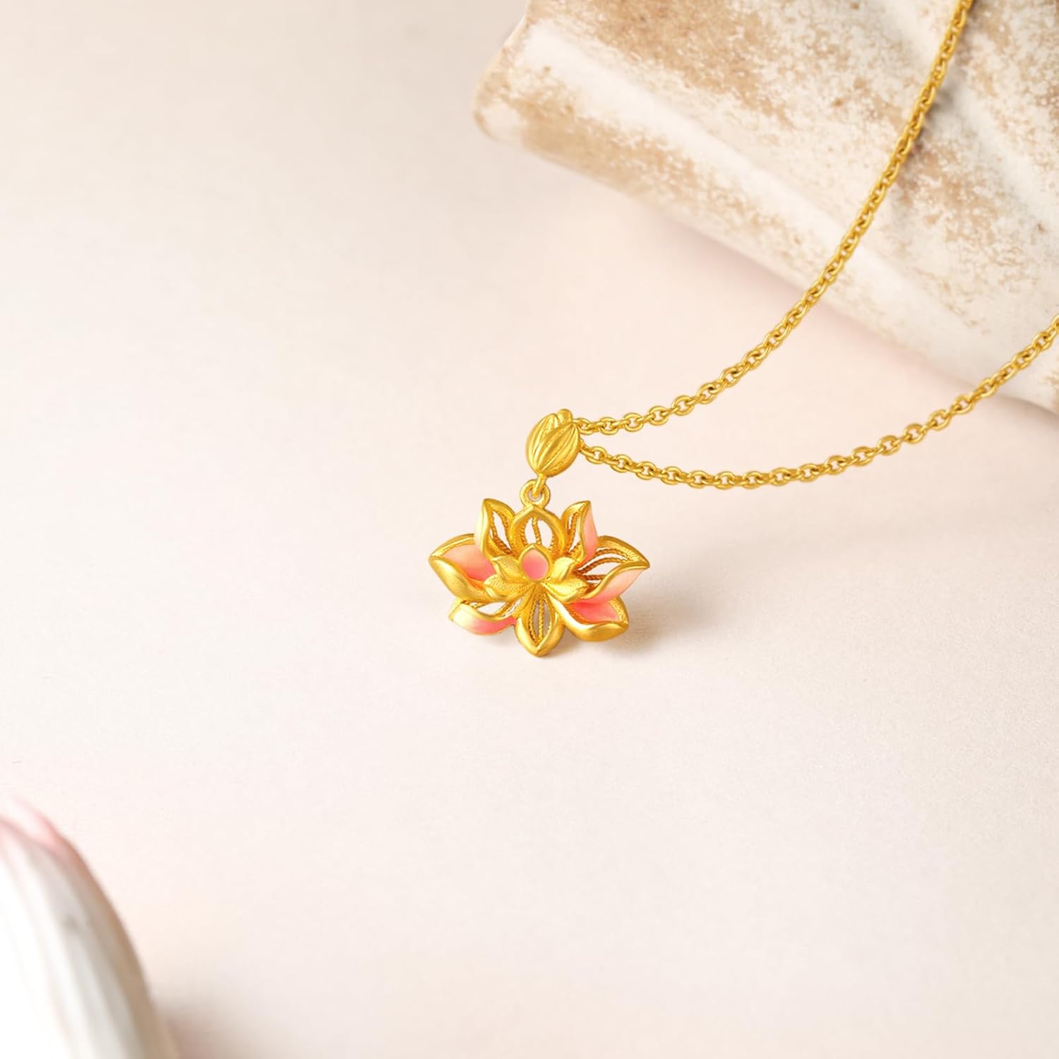 ZHOU LIU FU 24K Solid Gold Lotus Flower Pendant Real Gold Pink Enamel Floral Pendants Jewelry Wedding Birthday Gifts for Women Mom Wife Birthday Anniversary (Not Included Neccklace) A0414636