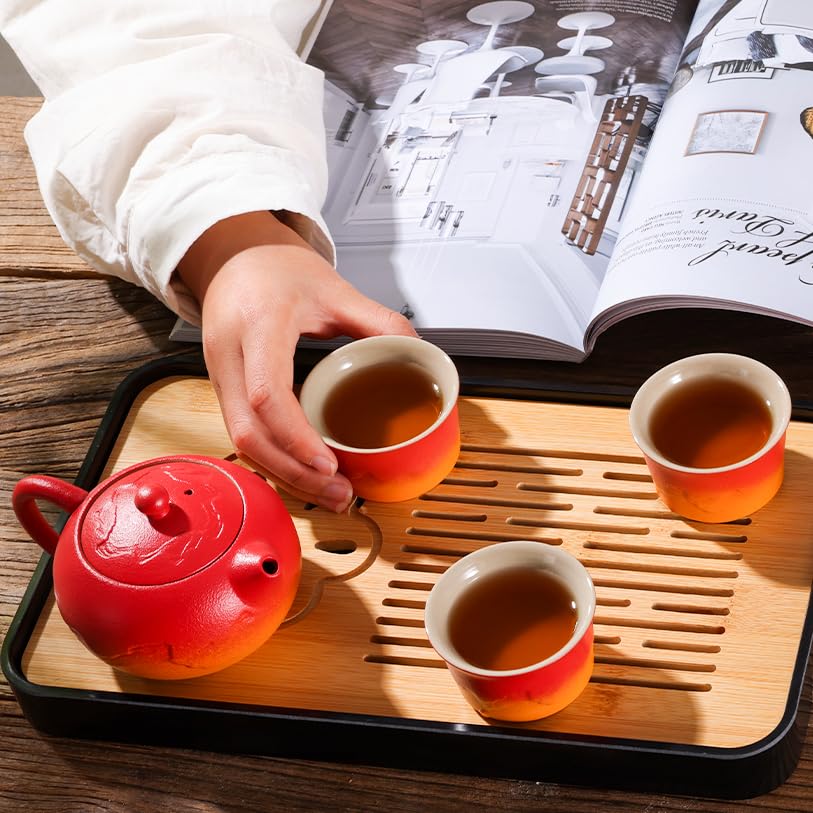 LURRIER Gongfu tea sets, Portable Ceramic TeaSet, Asian Tea sets for adult, Tea Gift sets, Grey leather case, Portable Travel Bag,Home,Gifting,Outdoor and Office(Black)