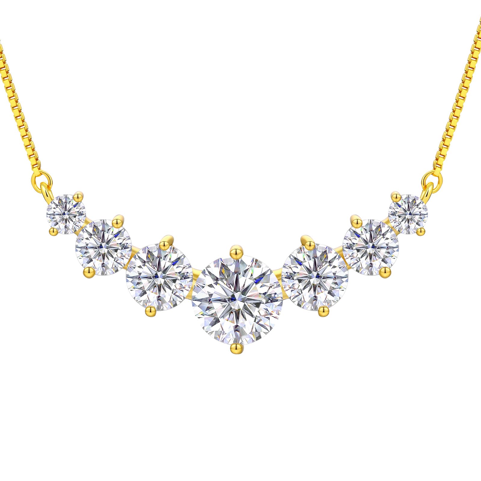 TUHE 7 Stones Moissanite Necklace for Women, 1.7-5.0 Carat Smile Moissanite Pendant Necklace 18k Gold Plated Sterling Silver 16.5+2.5 inch Box Chain Tennis Necklaces with Certificate of Authenticity