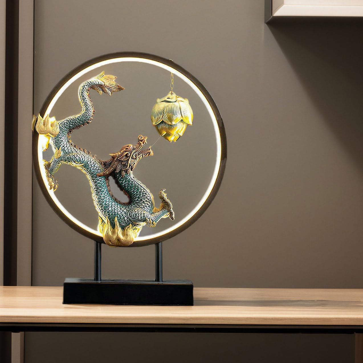 Chinese Ceramic Dragon Statue Backflow Incense Burner Sculpture with USB Power, LED Light Ring,Adjustable Brightness (BJL002)