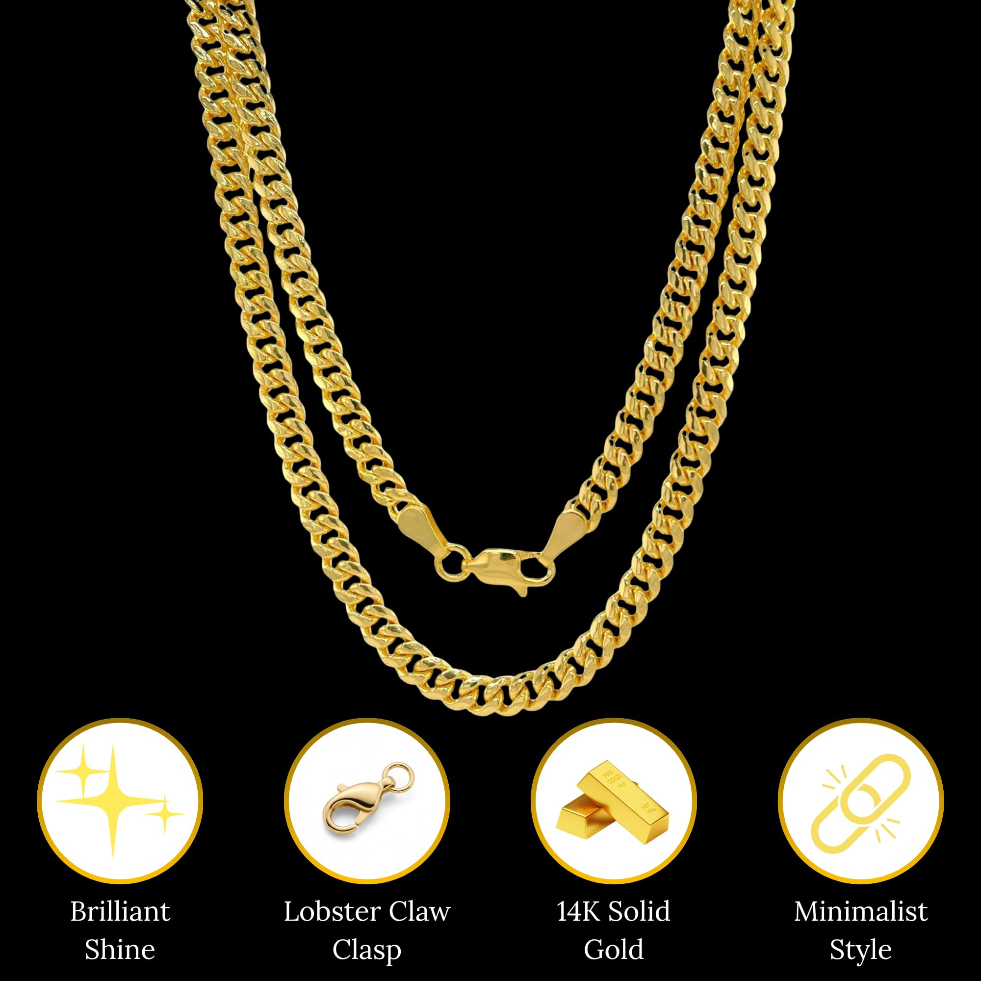 SHOP WGS Italian 14K Solid Yellow Gold Cuban Link Curb Chain Necklace for Men & Women Diamond Cut with Lobster Claw Clasp Real 14K Real Gold Chain Jewelry (2mm - 5.5MM)