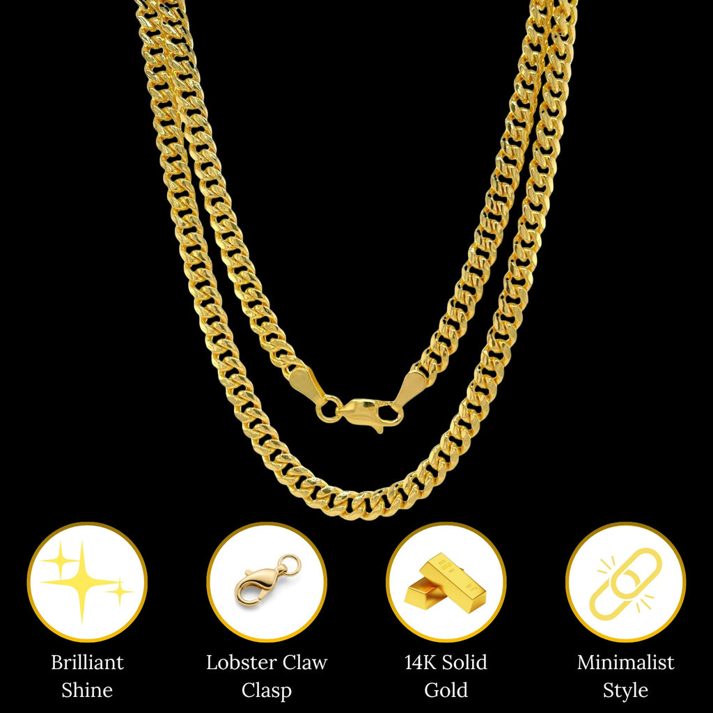 SHOP WGS Italian 14K Solid Yellow Gold Cuban Link Curb Chain Necklace for Men & Women Diamond Cut with Lobster Claw Clasp Real 14K Real Gold Chain Jewelry (2mm - 5.5MM)