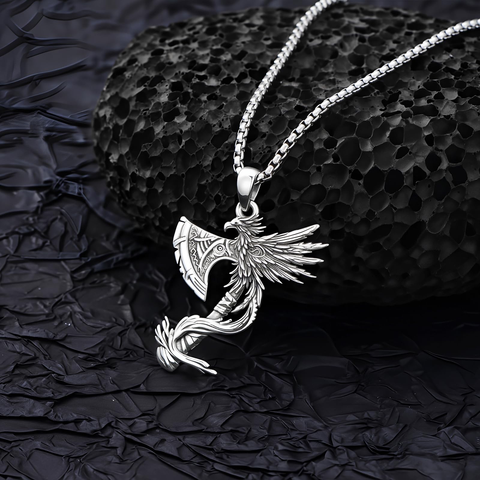 PELOVNY Phoenix Necklace 925 Sterling Silver Shield/Sword/Crystal/Tarot Card/Dog Tag/Cross/Abalone/Axe Pendant Rising Bird Jewelry for Anniversary Birthday Christmas Gifts Men Women
