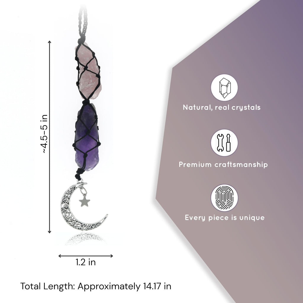 BOHO GARDEN Crystal Hanging Car Charm - Purple Rear View Mirror Hanging Car Accessories for Women, Moon Decor Hanging Ornament, Witchy Gifts and Healing Stones - Rose Quartz & Amethyst
