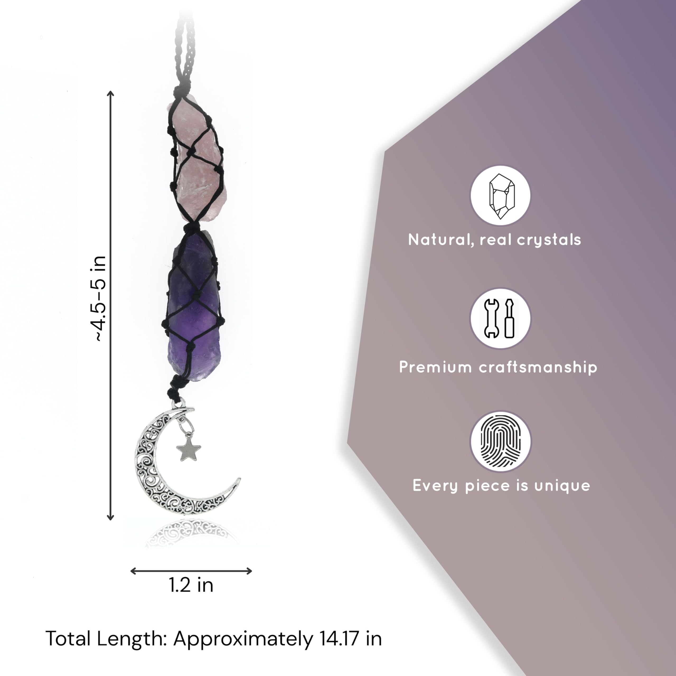 BOHO GARDEN Crystal Hanging Car Charm - Purple Rear View Mirror Hanging Car Accessories for Women, Moon Decor Hanging Ornament, Witchy Gifts and Healing Stones - Rose Quartz & Amethyst