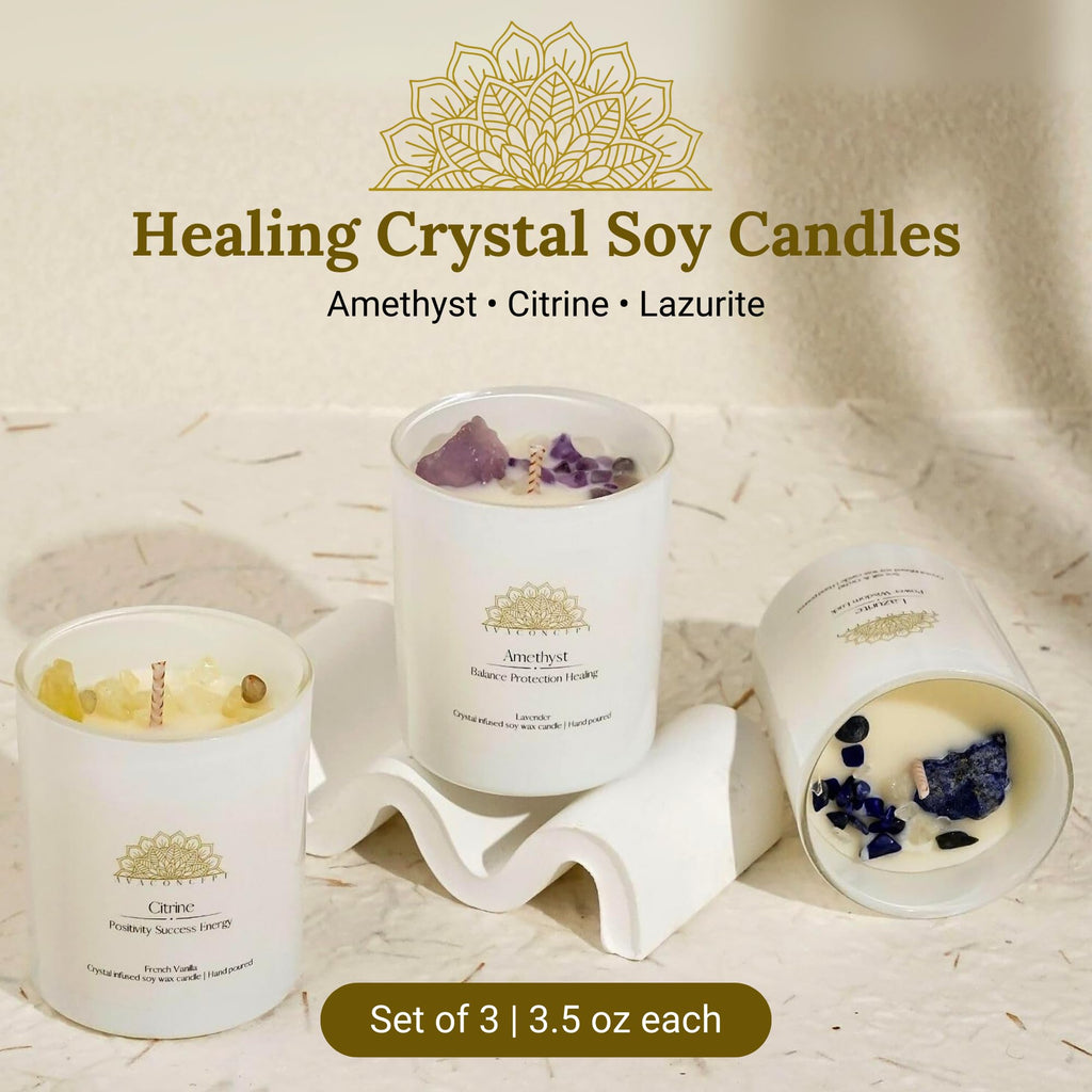 AVACONCEPT Crystal Infused Soy Wax Candle Gift Set Aromatherapy Scented Candles with Healing Crystals Natural Hand-Poured Luxury for Relaxation & Home Décor (Sunstone & Amethyst & Amazonite)
