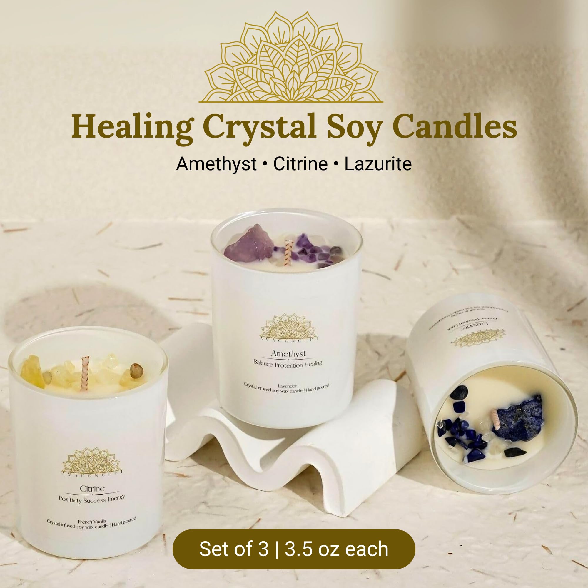 AVACONCEPT Crystal Infused Soy Wax Candle Gift Set Aromatherapy Scented Candles with Healing Crystals Natural Hand-Poured Luxury for Relaxation & Home Décor (Sunstone & Amethyst & Amazonite)