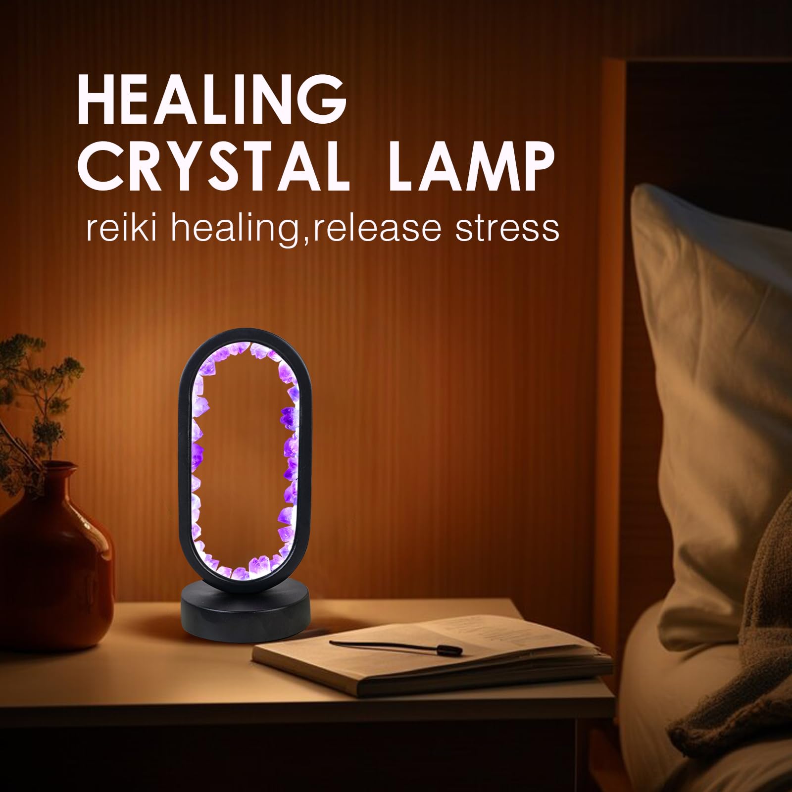 Runyangshi Amethyst Night Lamp 8.6" Natural Healing Crystal Bedside Lamp USB Port 3 Colours Dimming Mode Bedroom Lamp Suitable Night Light for Living Room Bedroom Office Home Decor Ideal Gift