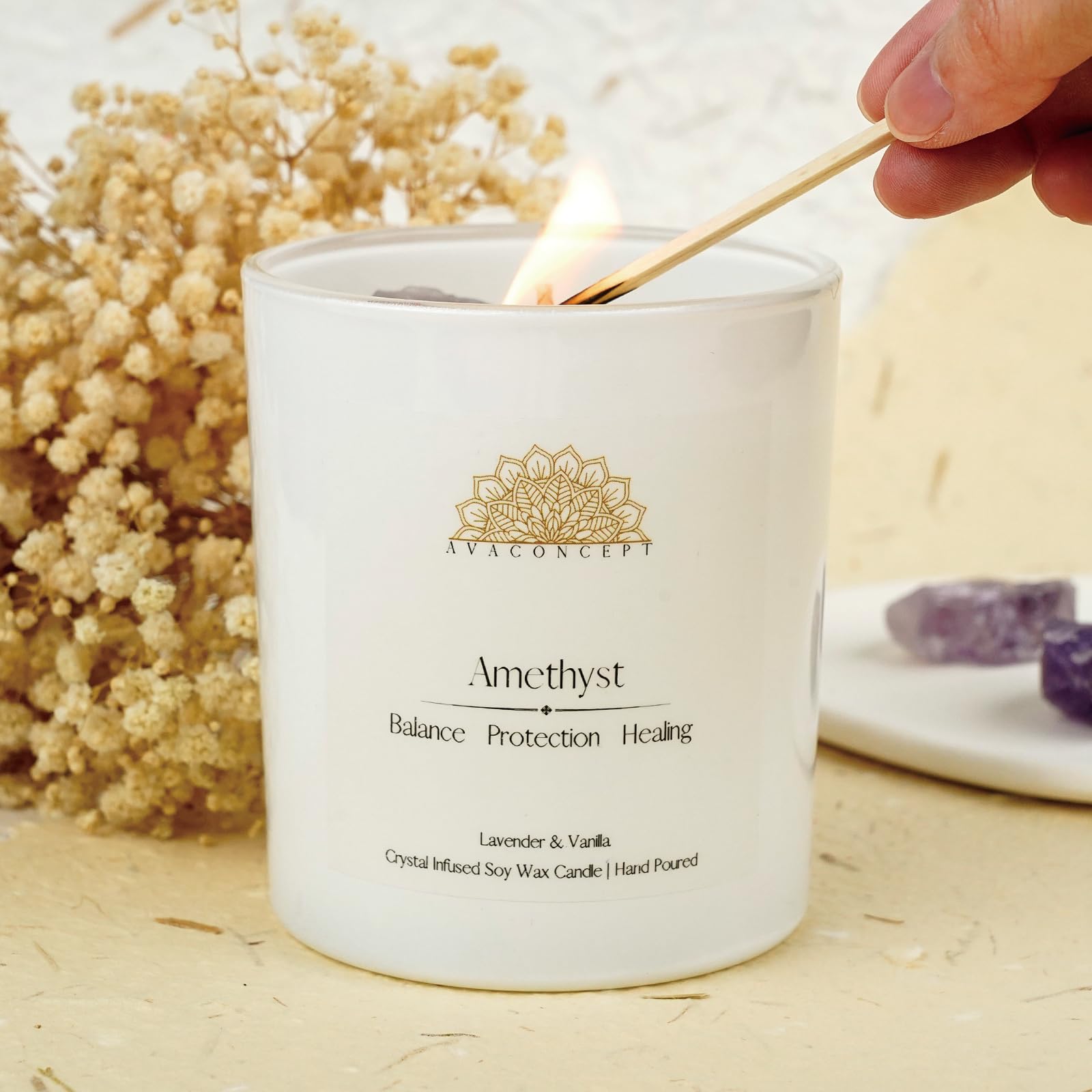 AVACONCEPT Crystal Infused Soy Wax Candle Gift Set Aromatherapy Scented Candles with Healing Crystals Natural Hand-Poured Luxury for Relaxation & Home Décor (Sunstone & Amethyst & Amazonite)