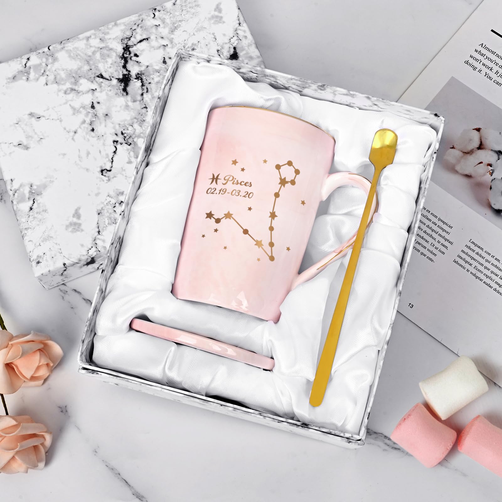 YHRJWN Pisces Gifts for Women, Pisces Constellation Mug, February March Birthdays Gifts for Women Horoscope Astrology Lovers, Pisces Zodiac Sign gifts for Women Girls, 14 Oz Pink with Gift Box