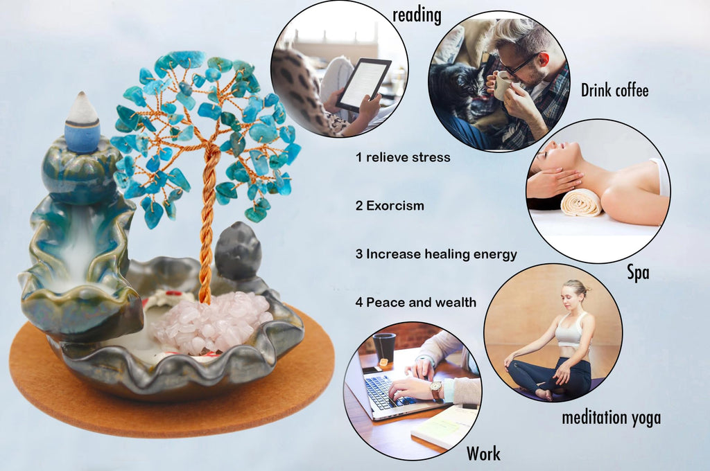 Waterfall Burner, Crystal Tree Backflow Incense Holder, with 30 Incense Cones, 30 Incense Stick, 1 Healing Crystal Necklace, Aromatherapy Anxiety Relief Items, Mom Gifts for Christmas