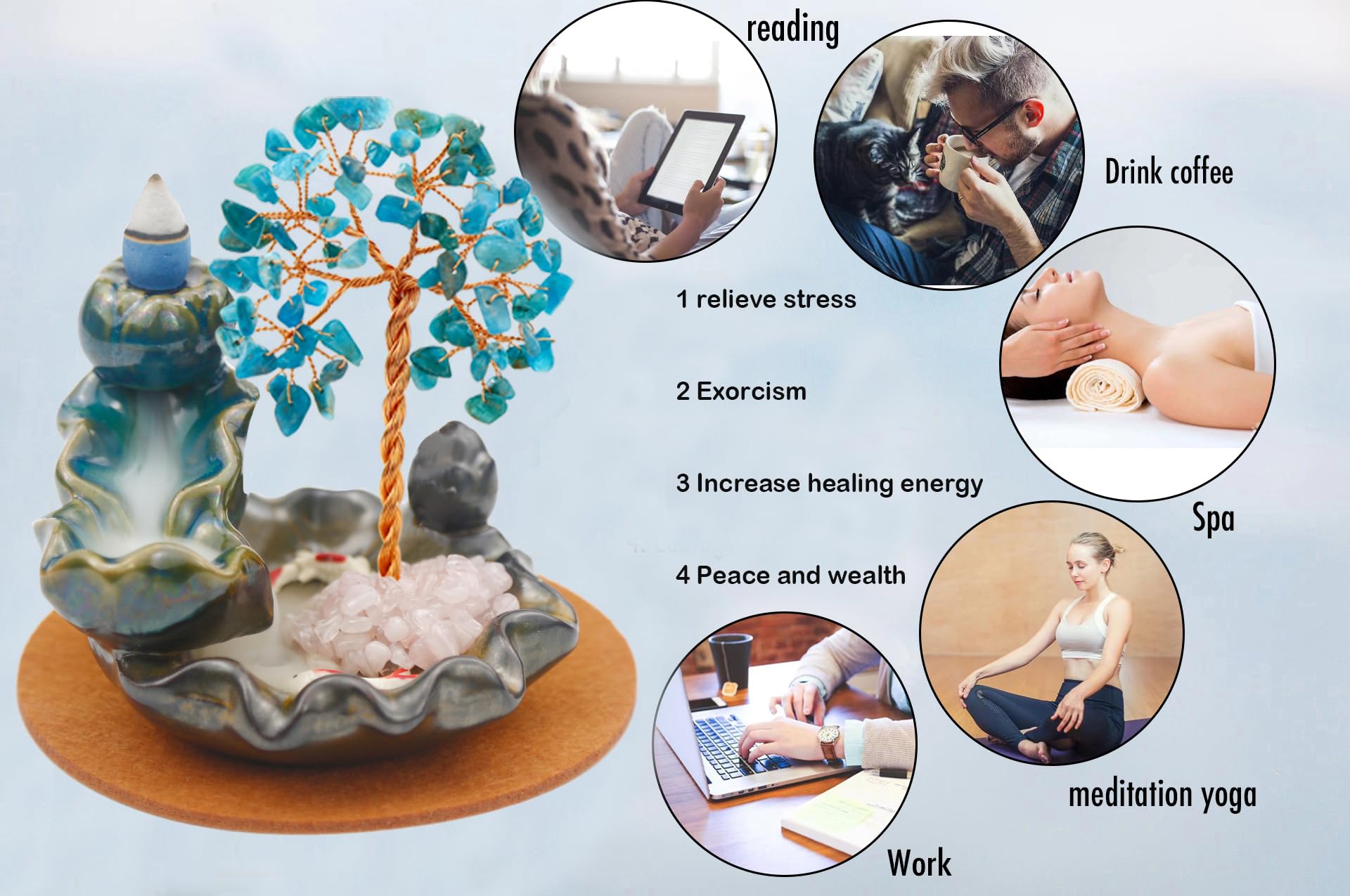 Waterfall Burner, Crystal Tree Backflow Incense Holder, with 30 Incense Cones, 30 Incense Stick, 1 Healing Crystal Necklace, Aromatherapy Anxiety Relief Items, Mom Gifts for Christmas