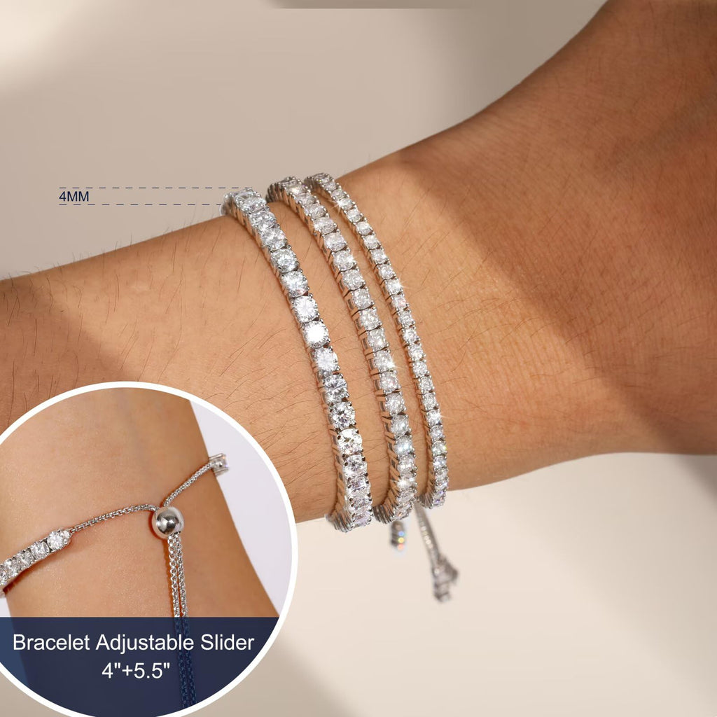 Moissanite Tennis Bracelet 1.79ct-8.69ct Adjustable Bracelet for Women 18K White Gold Plated S925 Sterling Silver Tennis Bracelet D Color VVS1 Round Cut 2/3/4mm Moissanite Bracelet Gifts for Wife/Mom