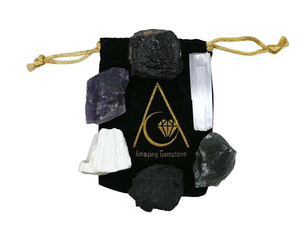 Amazing Gemstone Crystals for House Protection Manifestation, Set of 6 Amethyst, Scolecite, Shungite, Black Tourmaline, Selenite and Moss Agate Healing Crystals and Stones
