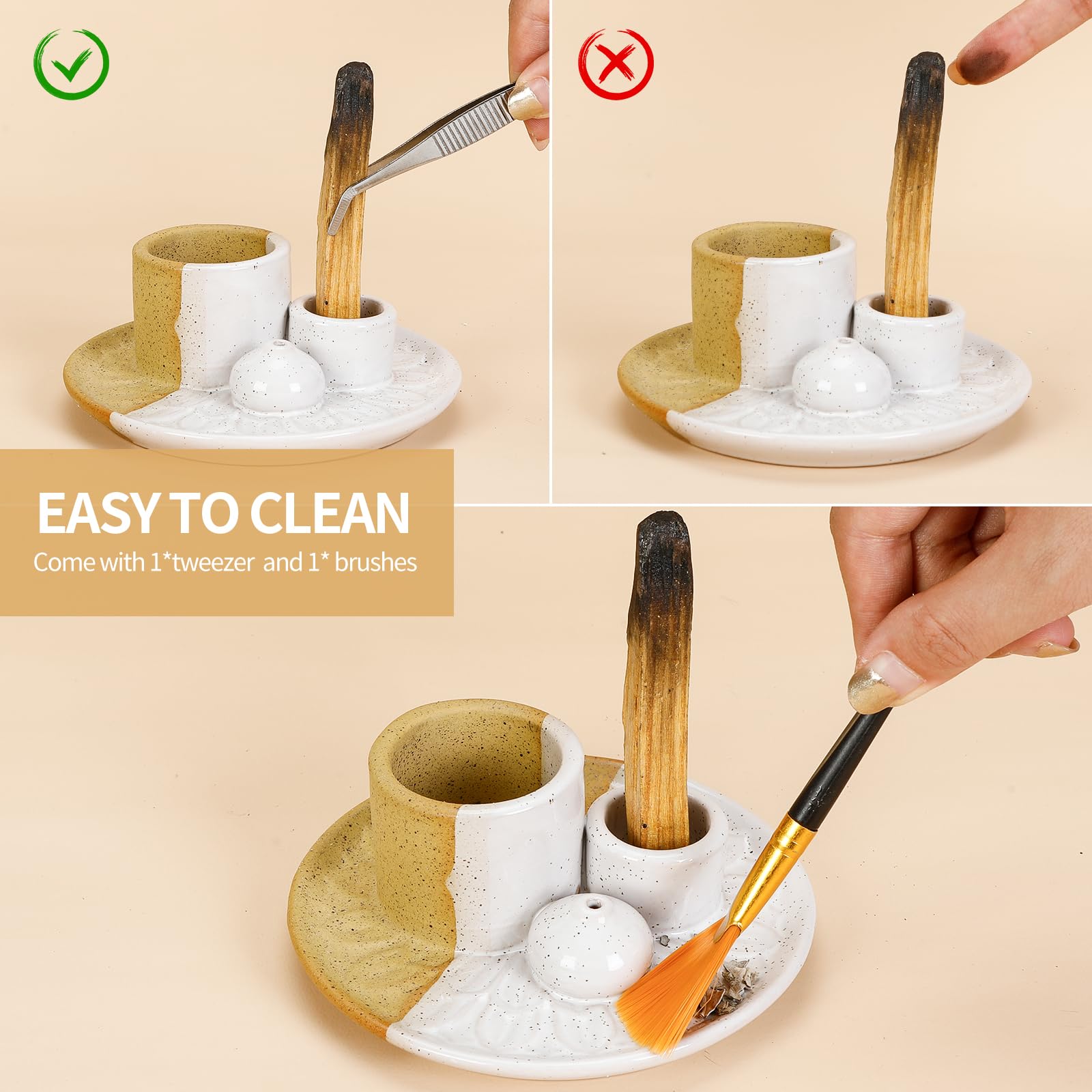 Handmade Ceramic Incense Burner for Palo Santo Incense Sticks, 4 in 1 Multi-Purpose Sage Holder for Burning, Ash Catcher Tray for Meditation Yoga Room (Golden)