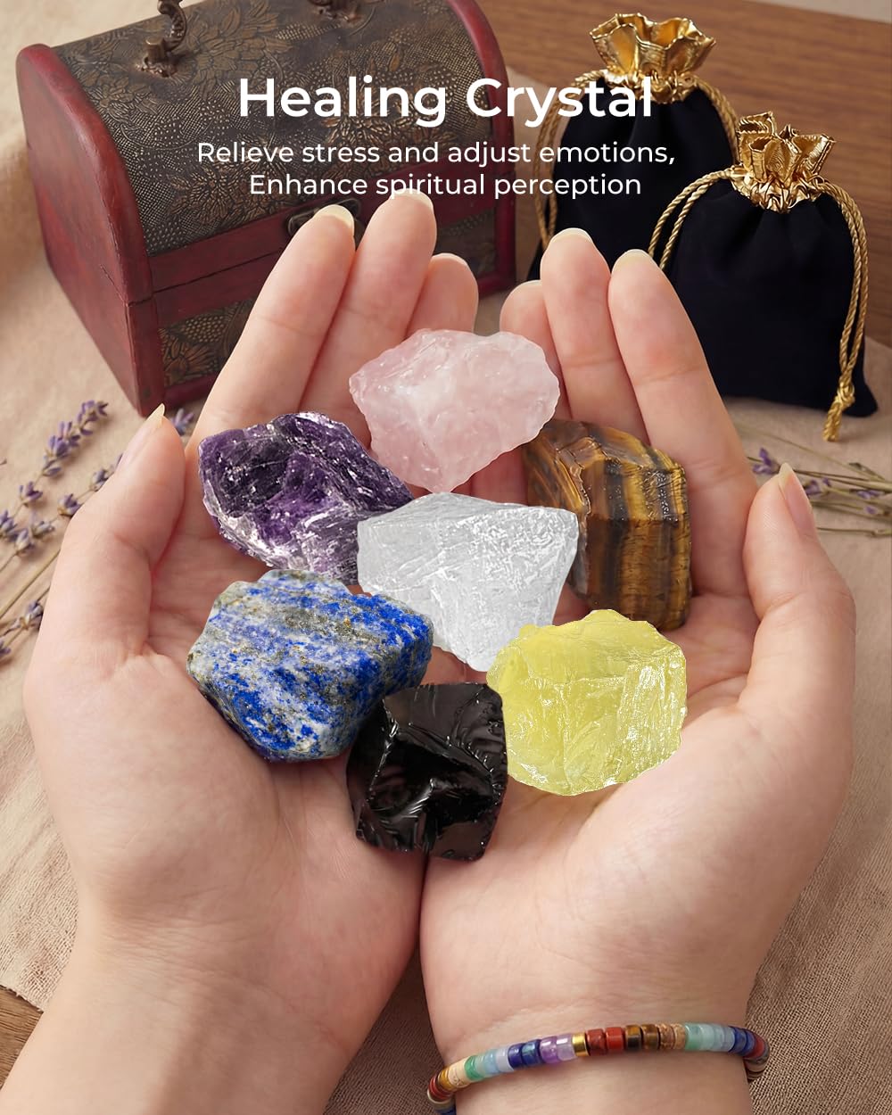 Crystals and Healing Stones, 9 Pcs Healing Crystals Set, 7 Chakra Crystal Stones Set Real Natural Selenite Pyramid Reiki Raw Rock Energy Protection Meditation with Wooden Box, Crystal Gifts for Women