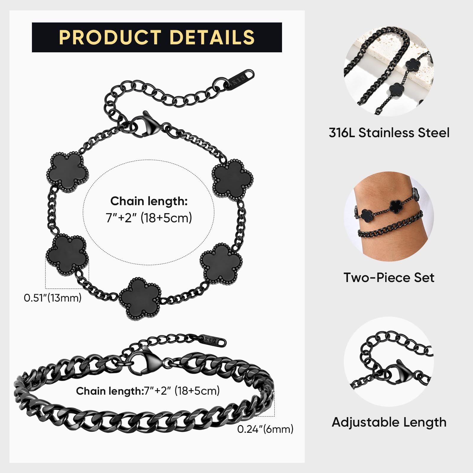 VNOX 2 PCS Floral Bracelets for Men Women -Womens Mens Stainless Steel Gold Cuban Chain Link Bracelet Lucky Charm Four Clover Flower Bracelets Trendy Jewelry Gifts