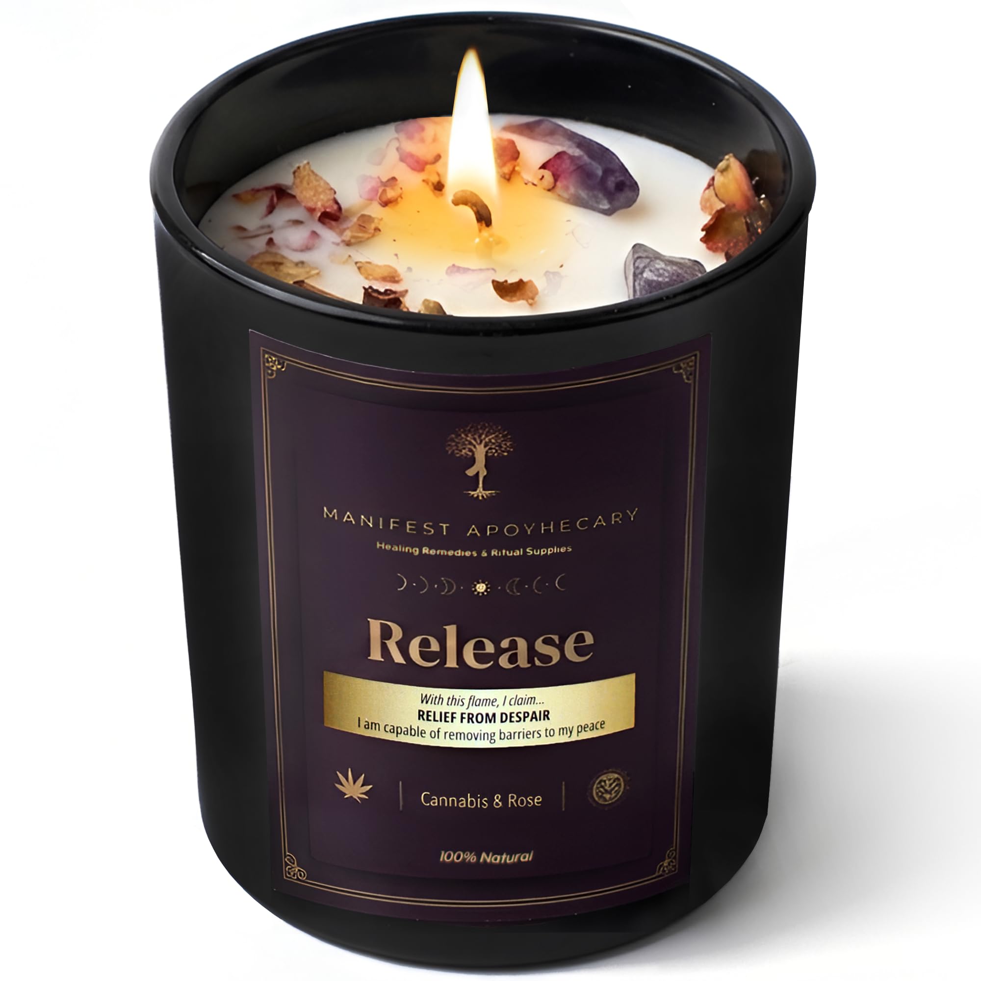 Aromatherapy Scented Candle for Women & Men - Infused with Rose Petals, Cannabis, & Amethyst Crystals - 100% Cotton Wick, 50 Hrs Burn Time & 10.5 Oz Hand-Poured Soy Candle for Relaxation & Mindfulness
