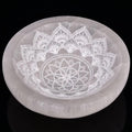 AMOYSTONE Natural Selenite Charging Bowl with Mandala Engraving 3.5-4'' Energy Cleansing Crystal Plate for Healing Meditation and Spiritual Home Decor