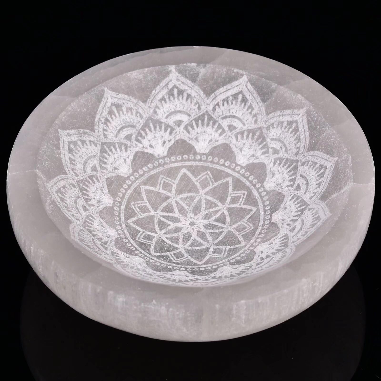 AMOYSTONE Natural Selenite Charging Bowl with Mandala Engraving 3.5-4'' Energy Cleansing Crystal Plate for Healing Meditation and Spiritual Home Decor