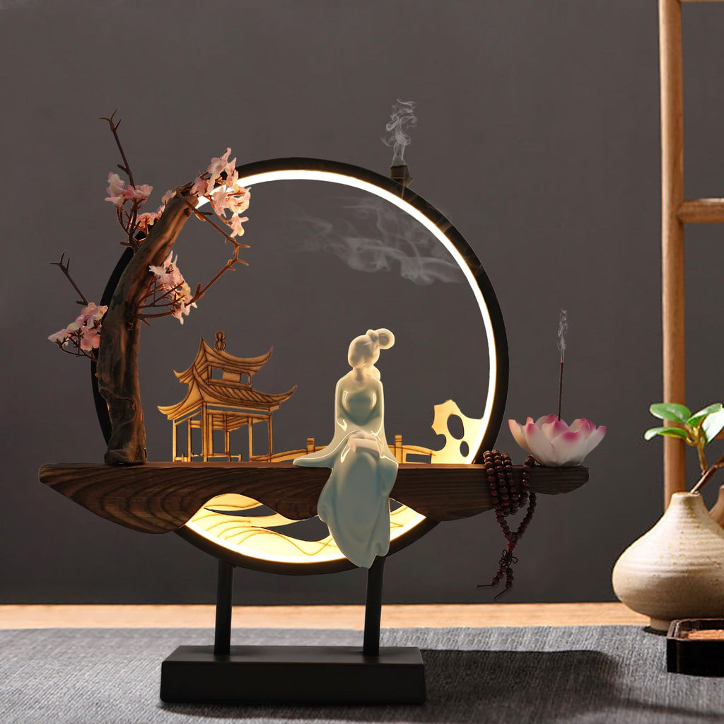 Backflow Incense Holder, Ceramic Incense Burner with Adjustable LED Light, Chinese Style Ornament Incense Holders with Backflow for Relaxing and Home Decor