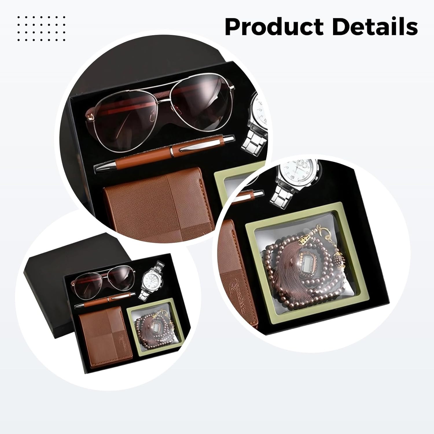 Elegant 6 Pcs Prayer Gift Set: Wallet, Watch, Sunglasses, Pen, Beads, Finger Counter for Eid