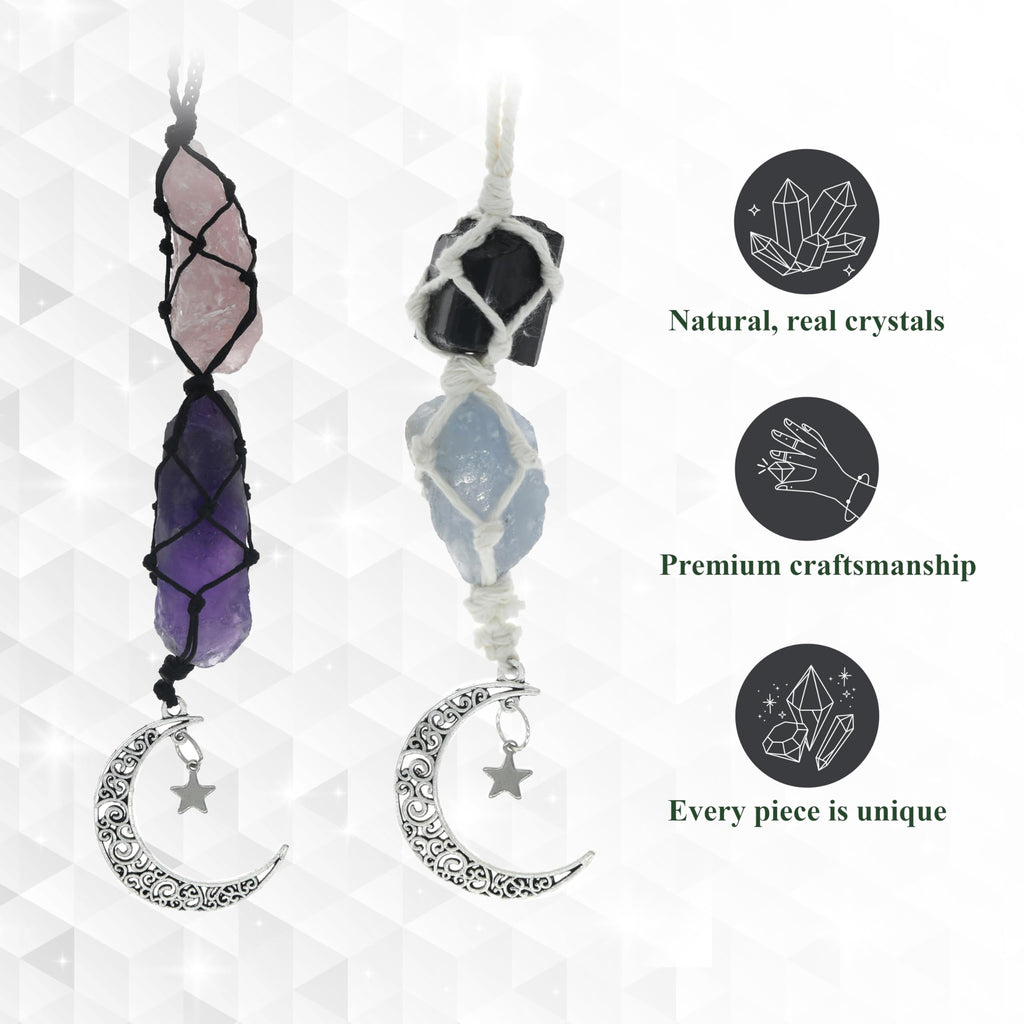 BOHO GARDEN Crystal Hanging Car Charm - Purple Rear View Mirror Hanging Car Accessories for Women, Moon Decor Hanging Ornament, Witchy Gifts and Healing Stones - Rose Quartz & Amethyst