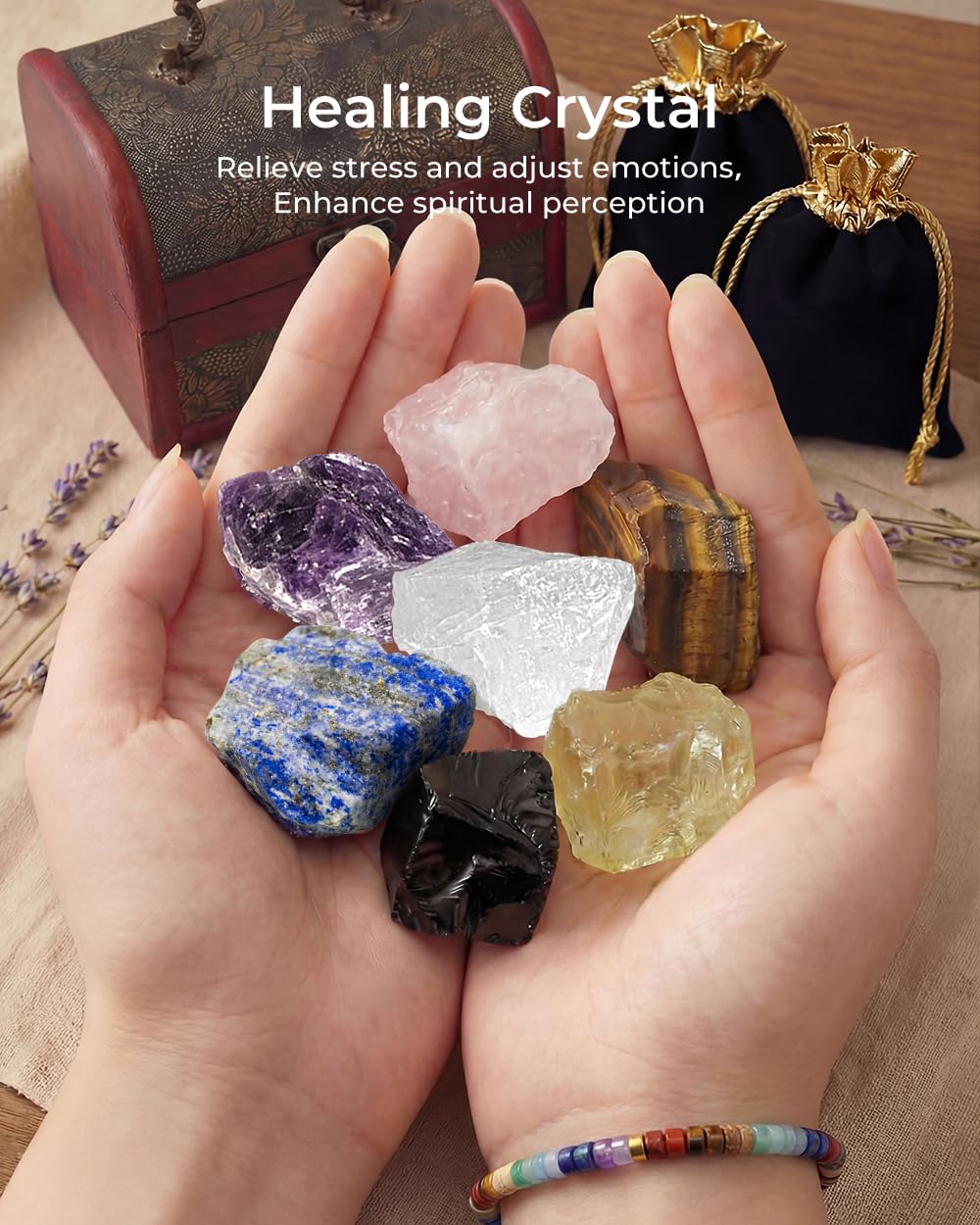 Crystals and Healing Stones, 9 Pcs Healing Crystals Set, 7 Chakra Crystal Stones Set Real Natural Selenite Pyramid Reiki Raw Rock Energy Protection Meditation with Wooden Box, Crystal Gifts for Women